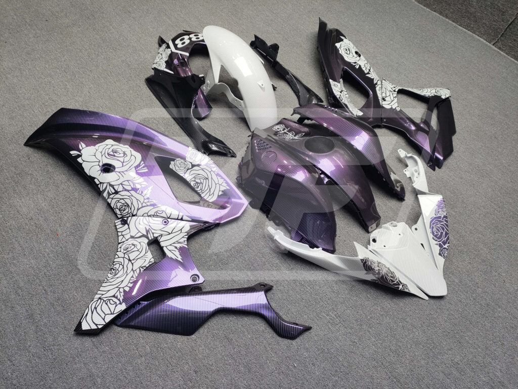 2021 - 2025 Yamaha R7 Gloss Purple Chameleon Carbon Fiber Style & White Roses fairing set - ABS injection, custom painted by Monster Fairings