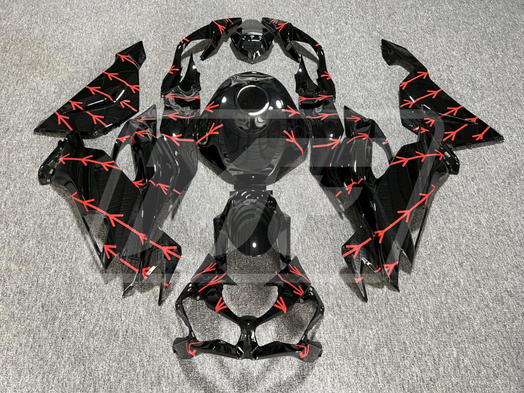 Kawasaki ZX6R 2019 - 2023 Gloss Black Red Pattern ABS fairings - custom motorcycle bodywork kit by Monster Fairings