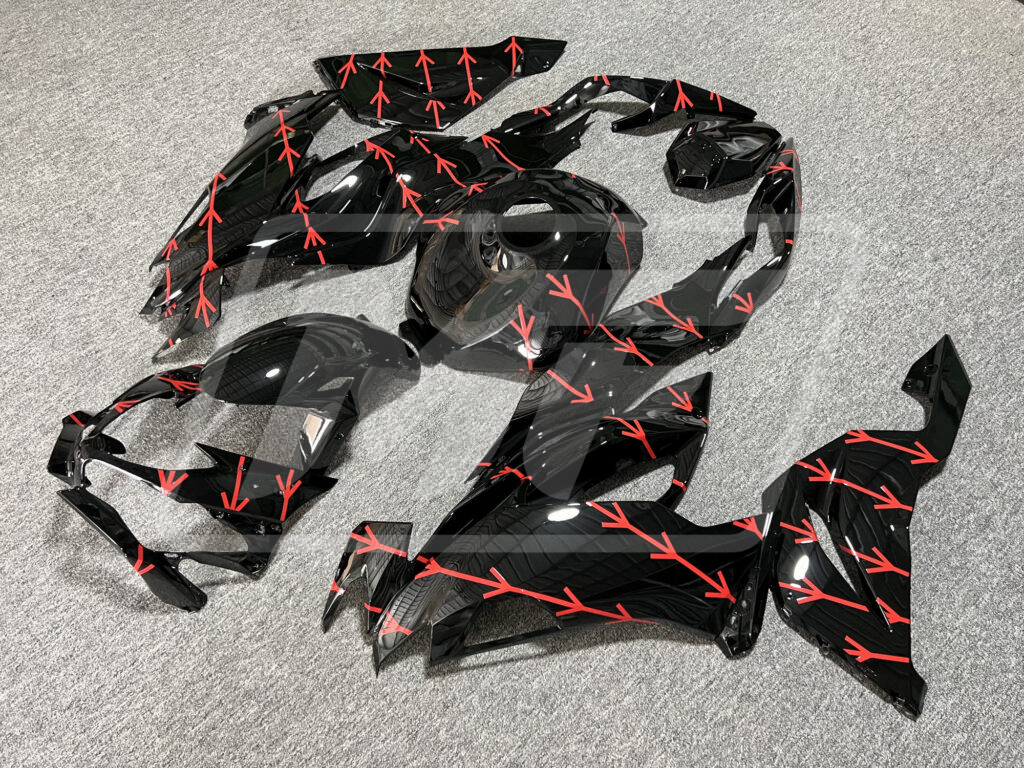 Kawasaki ZX6R custom ABS fairings 2019 - 2023 in Gloss Black Red Pattern - durable replacement kit, Monster Fairings
