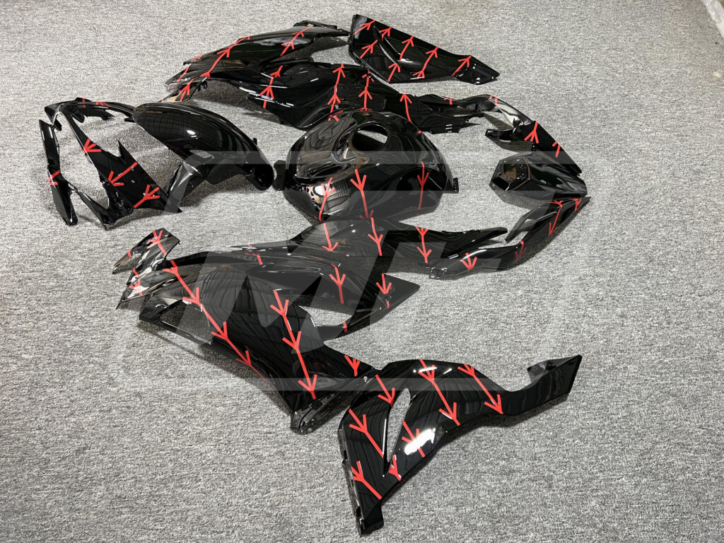 2019 - 2023 Kawasaki ZX6R Gloss Black Red Pattern fairing set - ABS injection, custom painted by Monster Fairings