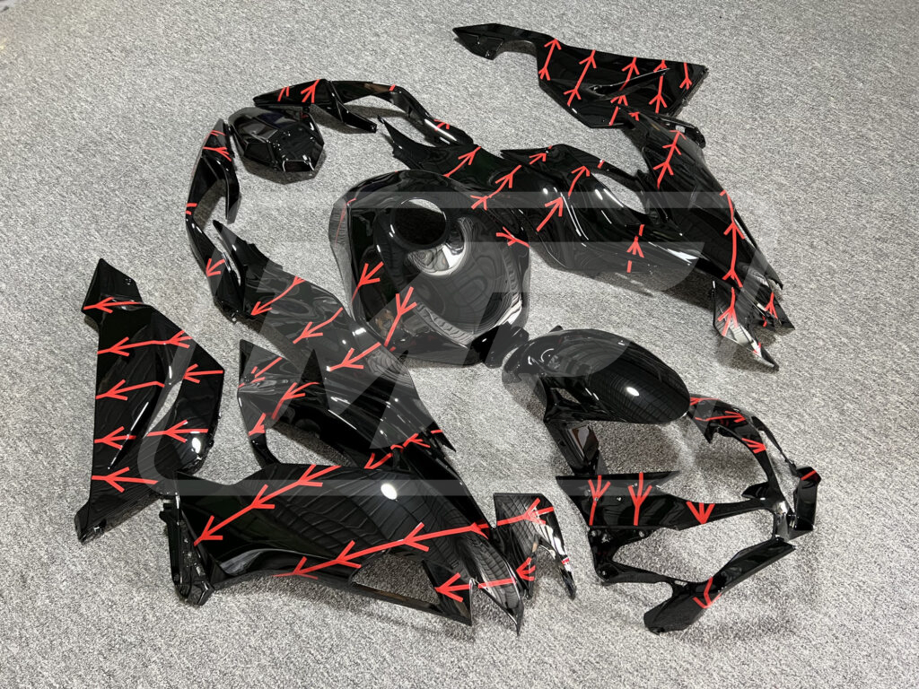Monster Fairings ABS fairing kit for Kawasaki ZX6R 2019 - 2023 - Gloss Black Red Pattern, precise OEM fit