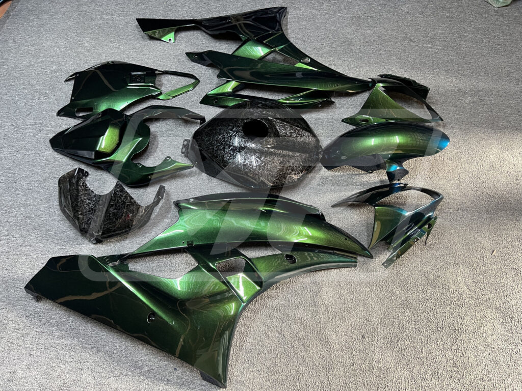 Yamaha R6 custom ABS fairings 2006 - 2007 in Gloss Green Chameleon Forged Carbon Fiber Style - durable replacement kit, Monster Fairings