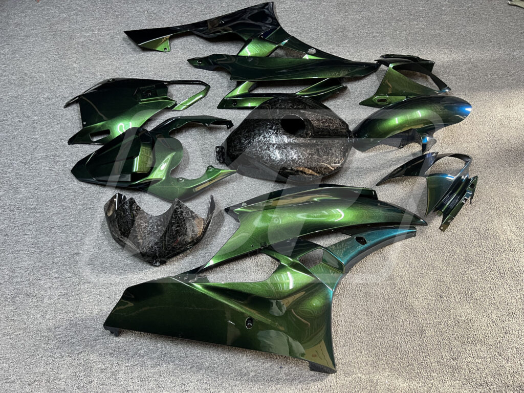 2006 - 2007 Yamaha R6 Gloss Green Chameleon Forged Carbon Fiber Style fairing set - ABS injection, custom painted by Monster Fairings