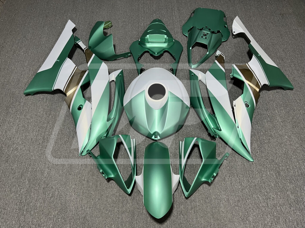 Yamaha R6 2008 - 2016 Matte Emerald Green & Pearl White Gloss Gold ABS fairings - custom motorcycle bodywork kit by Monster Fairings