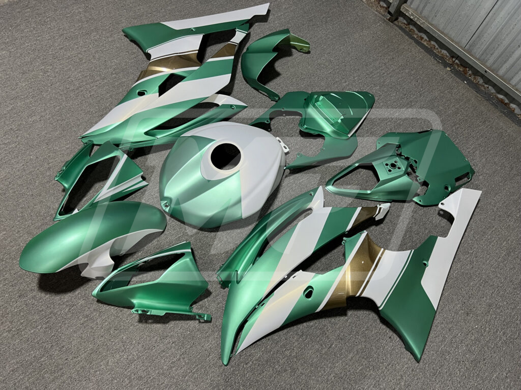 Yamaha R6 custom ABS fairings 2008 - 2016 in Matte Emerald Green & Pearl White Gloss Gold - durable replacement kit, Monster Fairings