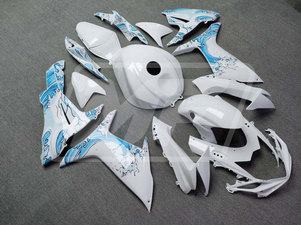 2011 - 2025 Suzuki GSXR 600 - 750 Gloss White Waves fairing set - ABS injection, custom painted by Monster Fairings