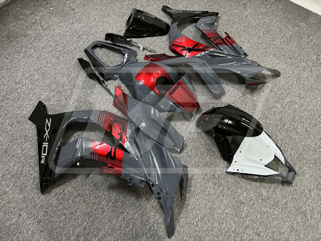 2011 - 2015 Kawasaki ZX10R Gloss Nardo Gray & Black Red White fairing set - ABS injection, custom painted by Monster Fairings
