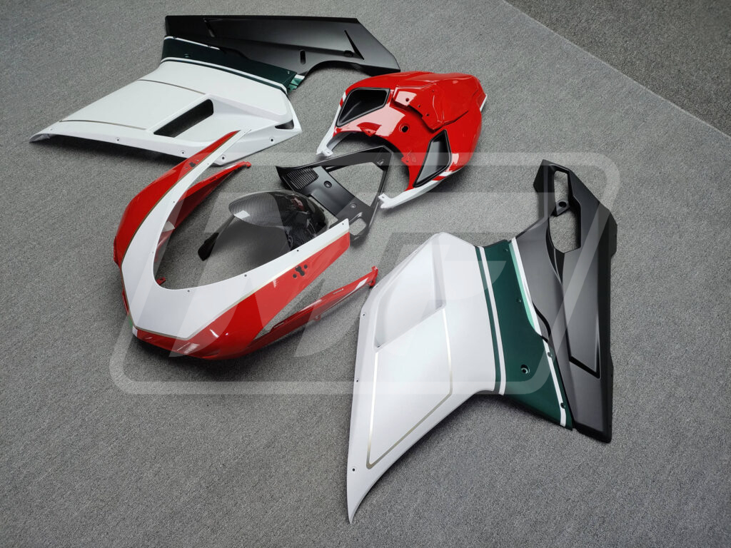 2007 - 2012 Ducati 848 1098 1198 Matte White Black & Green Gloss Red Carbon Fiber Style fairing set - ABS injection, custom painted by Monster Fairings