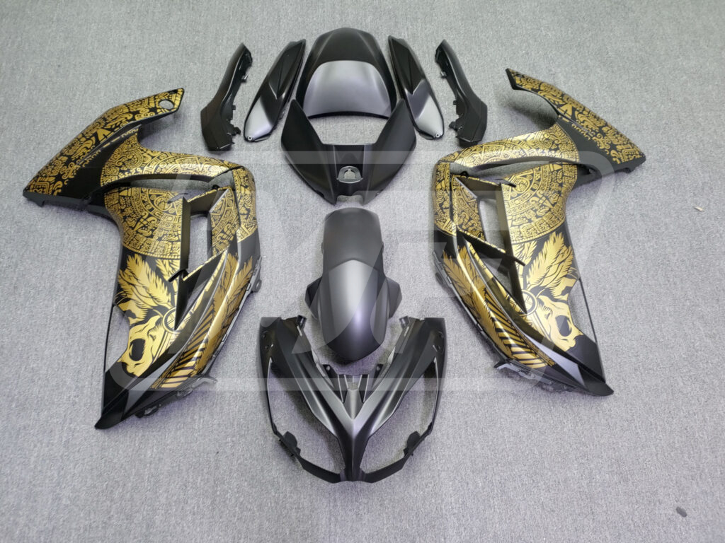 Kawasaki Ninja 650R 2012 - 2016 Matte Black & Gold Skull ABS fairings - custom motorcycle bodywork kit by Monster Fairings
