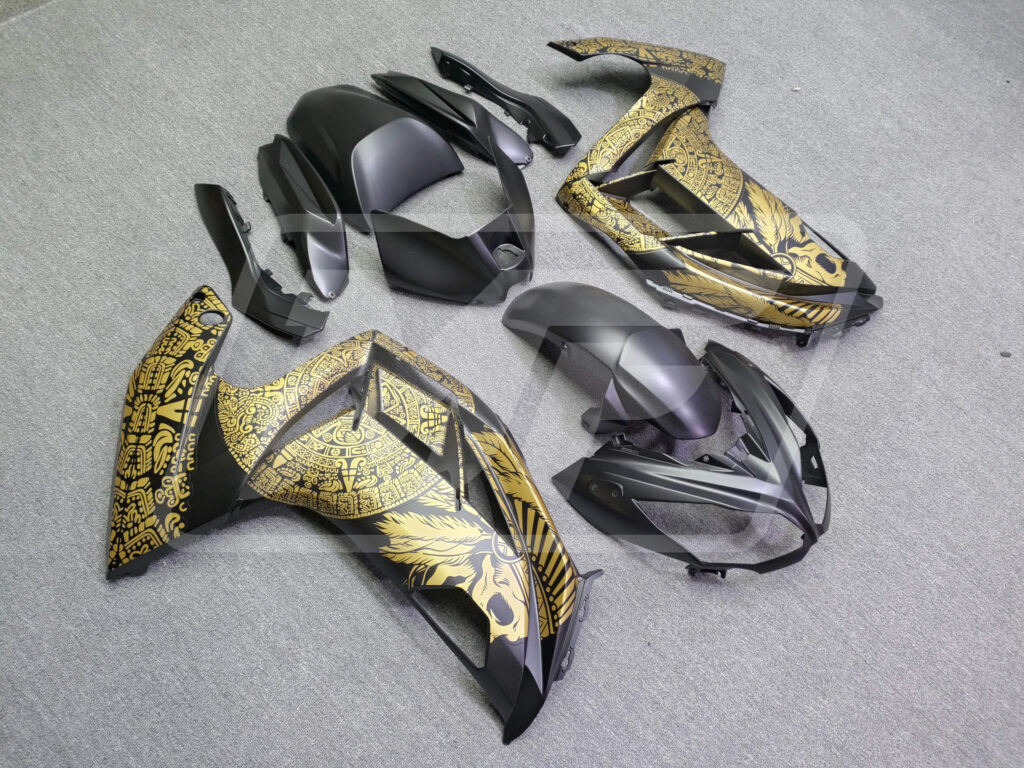Kawasaki Ninja 650R custom ABS fairings 2012 - 2016 in Matte Black & Gold Skull - durable replacement kit, Monster Fairings