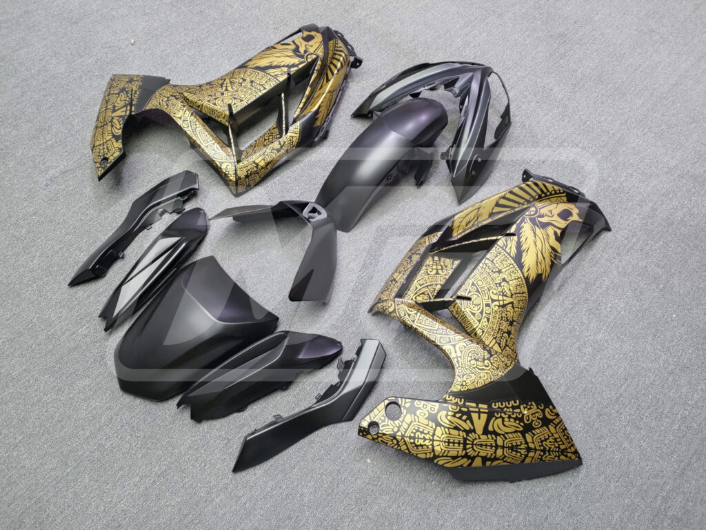 2012 - 2016 Kawasaki Ninja 650R Matte Black & Gold Skull fairing set - ABS injection, custom painted by Monster Fairings