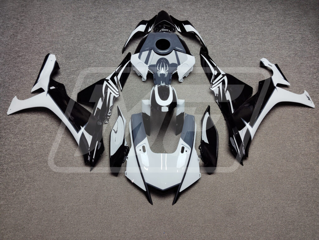 Yamaha R1 2020 - 2025 Gloss Black & White Spider Nardo Gray ABS fairings - custom motorcycle bodywork kit by Monster Fairings