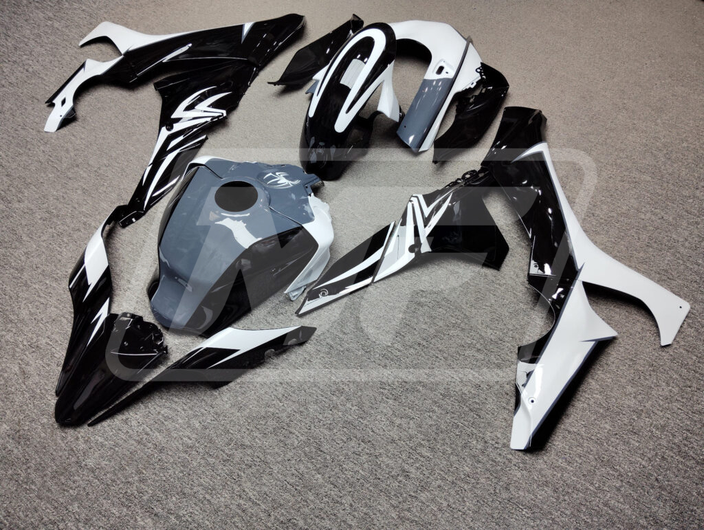 Monster Fairings ABS fairing kit for Yamaha R1 2020 - 2025 - Gloss Black & White Spider Nardo Gray, precise OEM fit