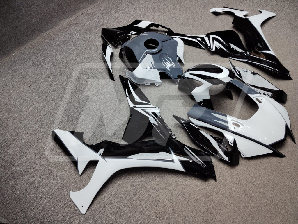 2020 - 2025 Yamaha R1 Gloss Black & White Spider Nardo Gray fairing set - ABS injection, custom painted by Monster Fairings