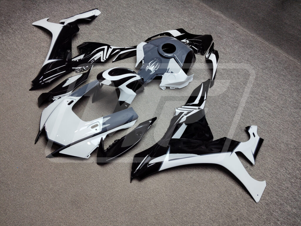 Yamaha R1 custom ABS fairings 2020 - 2025 in Gloss Black & White Spider Nardo Gray - durable replacement kit, Monster Fairings