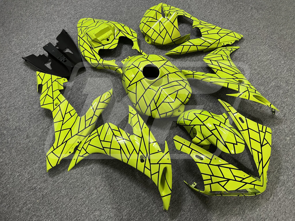 2004 - 2006 Yamaha R1 Gloss High Vis Yellow & Black Pattern fairing set - ABS injection, custom painted by Monster Fairings