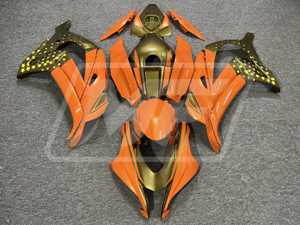 Kawasaki ZX10R 2016 - 2020 Gloss Orange & Gold Stars ABS fairings - custom motorcycle bodywork kit by Monster Fairings