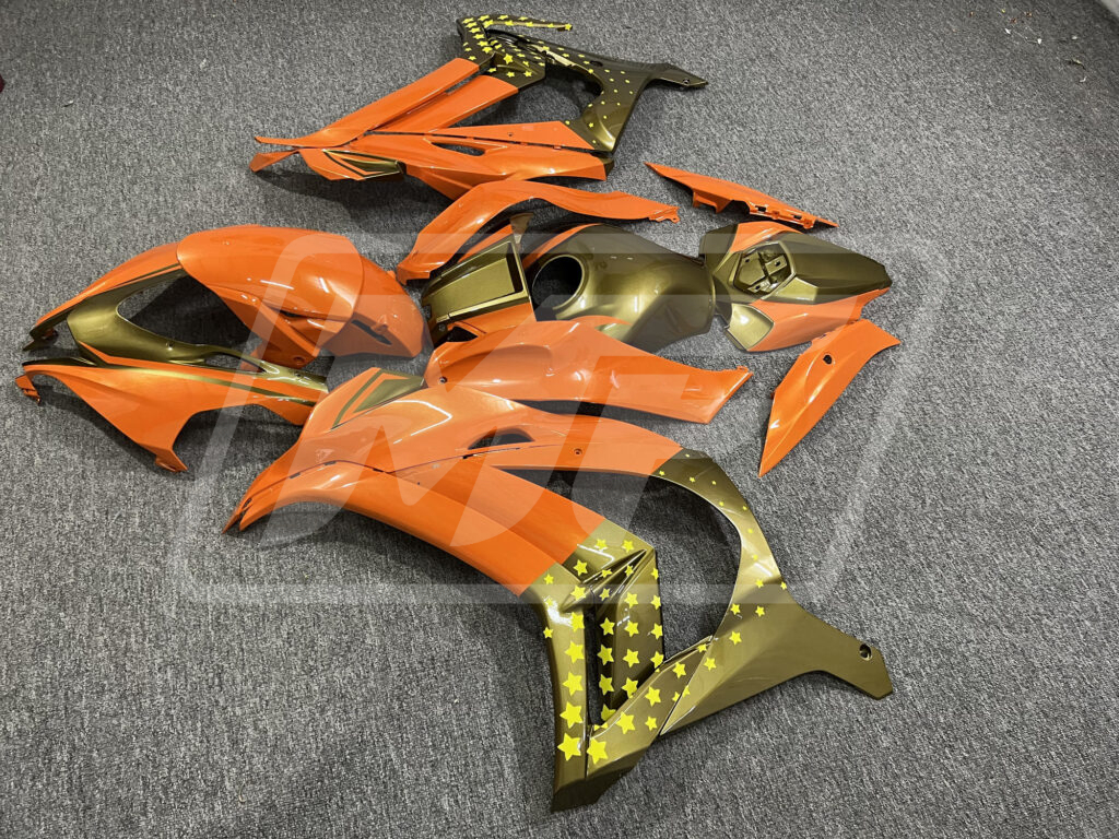 2016 - 2020 Kawasaki ZX10R Gloss Orange & Gold Stars fairing set - ABS injection, custom painted by Monster Fairings