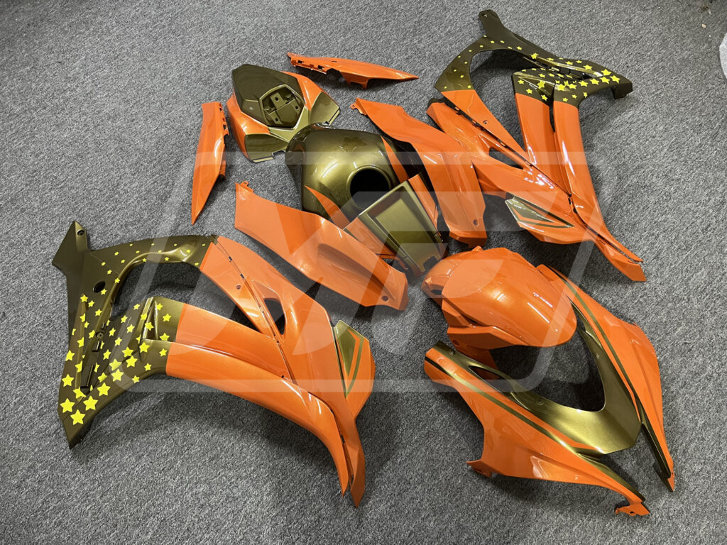 Monster Fairings ABS fairing kit for Kawasaki ZX10R 2016 - 2020 - Gloss Orange & Gold Stars, precise OEM fit