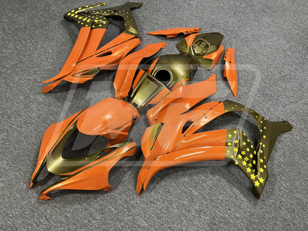 Kawasaki ZX10R custom ABS fairings 2016 - 2020 in Gloss Orange & Gold Stars - durable replacement kit, Monster Fairings