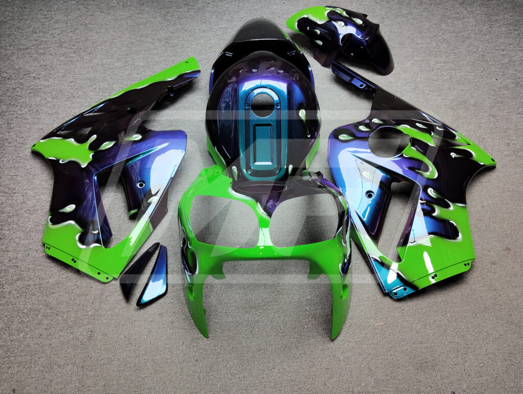 Kawasaki ZX12R 2000 - 2001 Gloss Purple & Blue Iridescent Green Splash ABS fairings - custom motorcycle bodywork kit by Monster Fairings