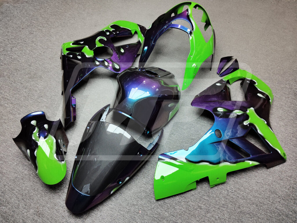 2000 - 2001 Kawasaki ZX12R Gloss Purple & Blue Iridescent Green Splash fairing set - ABS injection, custom painted by Monster Fairings