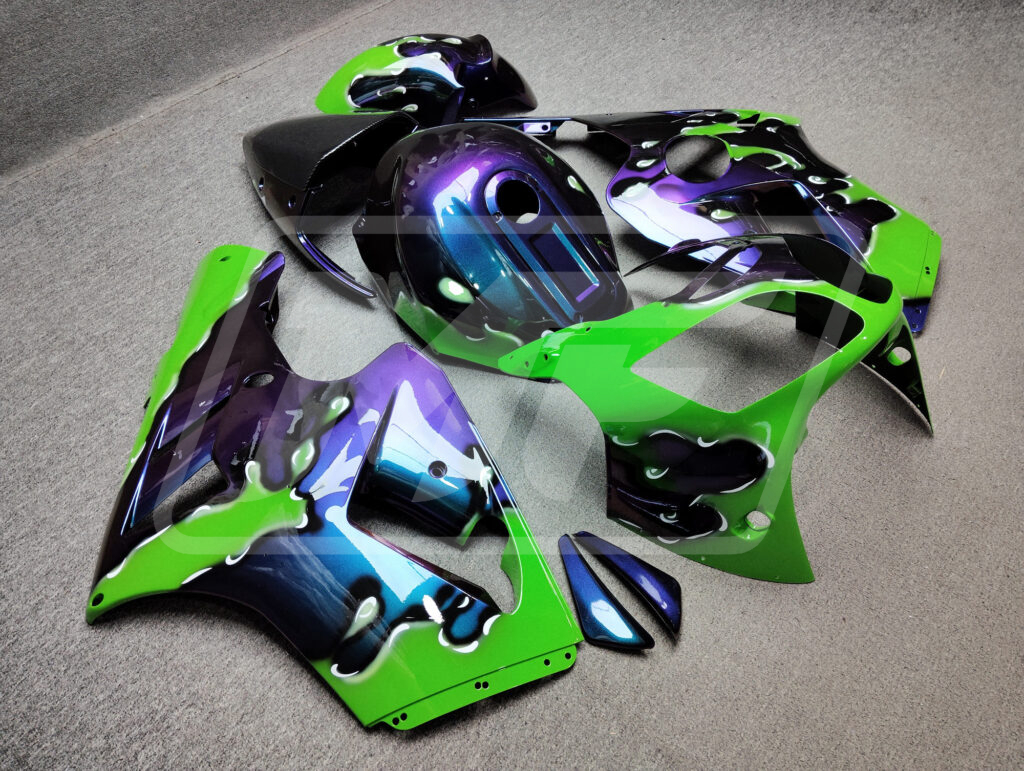 Kawasaki ZX12R custom ABS fairings 2000 - 2001 in Gloss Purple & Blue Iridescent Green Splash - durable replacement kit, Monster Fairings