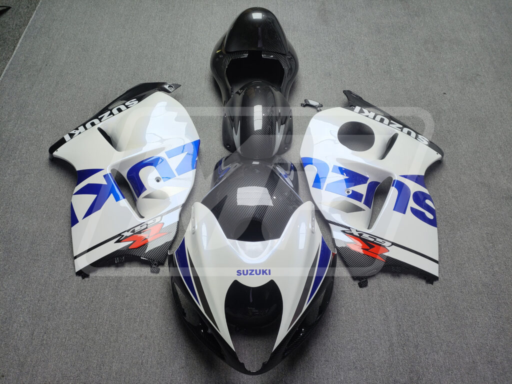 Suzuki GSXR 1300 1997 - 2007 Gloss Carbon Fiber White & Blue ABS fairings - custom motorcycle bodywork kit by Monster Fairings
