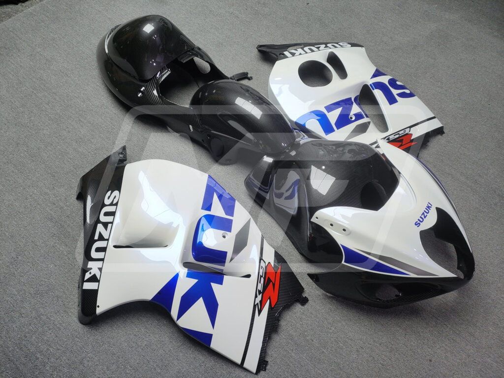 Gloss Carbon Fiber White & Blue ABS fairings for Suzuki GSXR 1300 1997 - 2007 - premium OEM fit kit by Monster Fairings