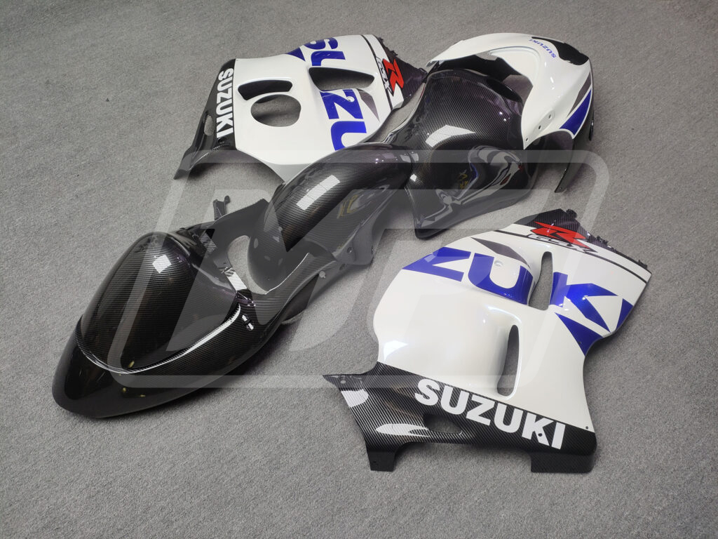 1997 - 2007 Suzuki GSXR 1300 Gloss Carbon Fiber White & Blue fairing set - ABS injection, custom painted by Monster Fairings
