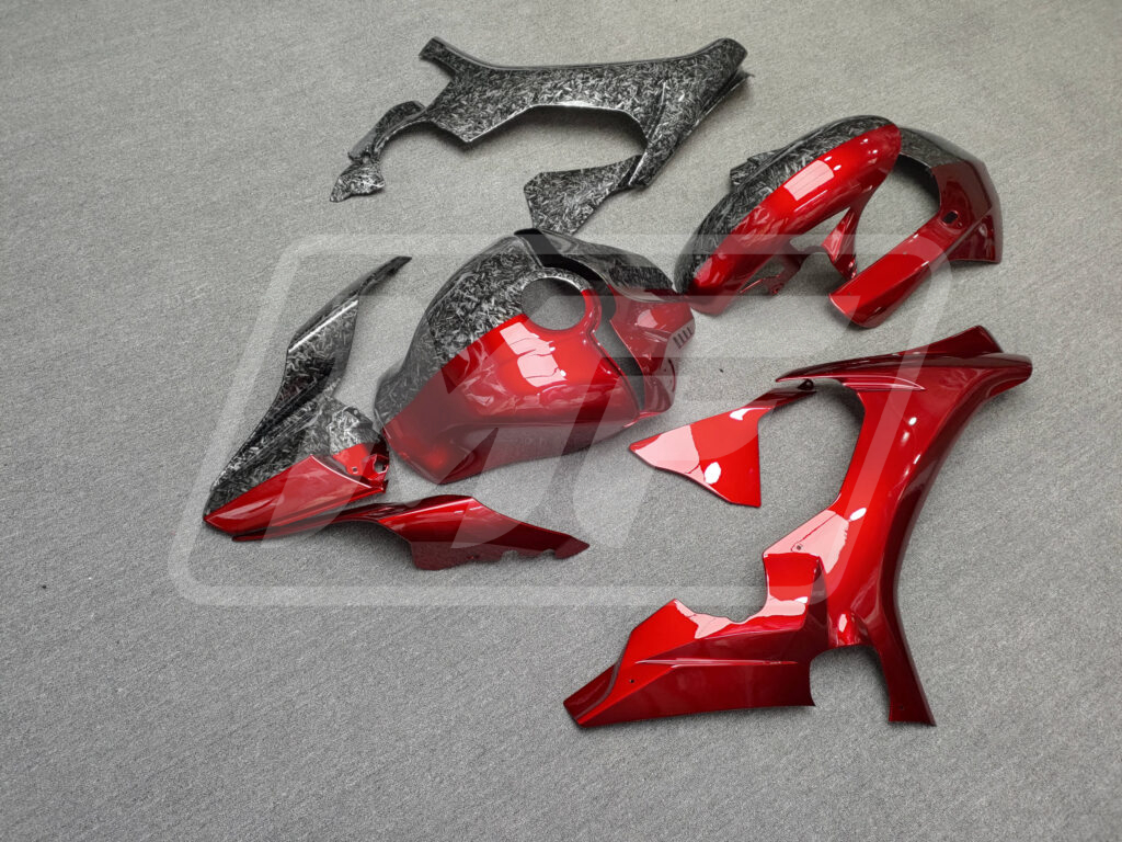 2015 - 2019 Yamaha R1 Gloss Forged Carbon Fiber Candy Red Split fairing set - ABS injection, custom painted by Monster Fairings