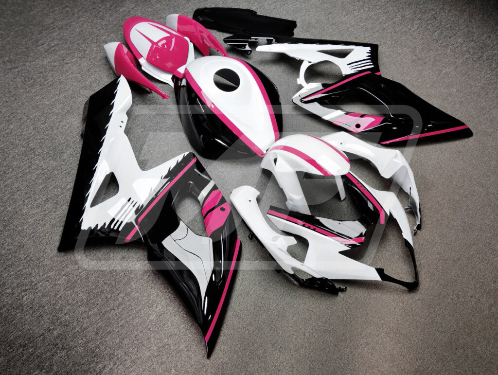 Suzuki GSXR 1000 custom ABS fairings 2005 - 2006 in Gloss White & Black Pink - durable replacement kit, Monster Fairings