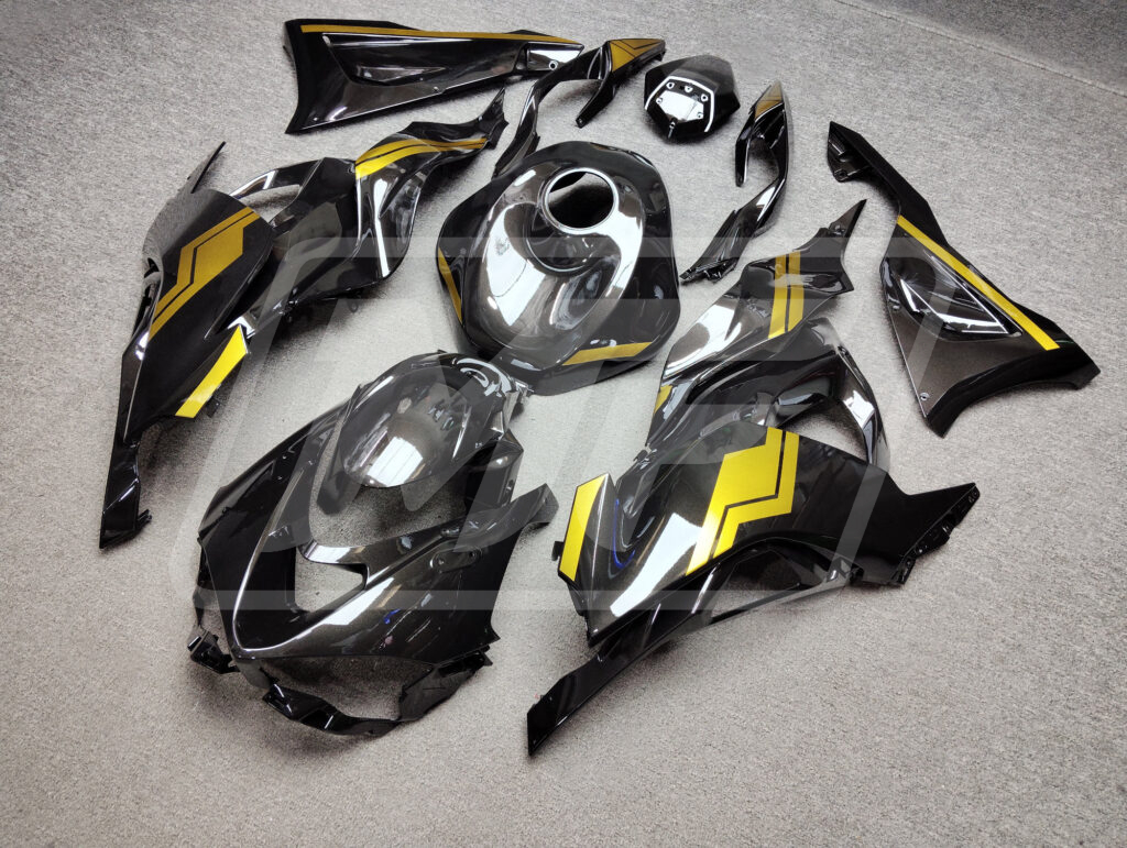 Gloss Black & Gold ABS fairings for Kawasaki ZX6R 2024 - 2025 - premium OEM fit kit by Monster Fairings