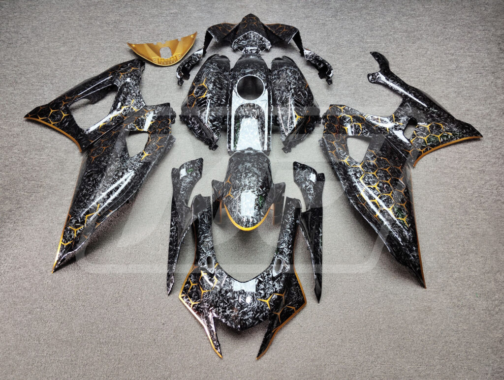 Yamaha R7 2021 - 2025 Gloss Forged Carbon Fiber Gold Honeycomb ABS fairings - custom motorcycle bodywork kit by Monster Fairings