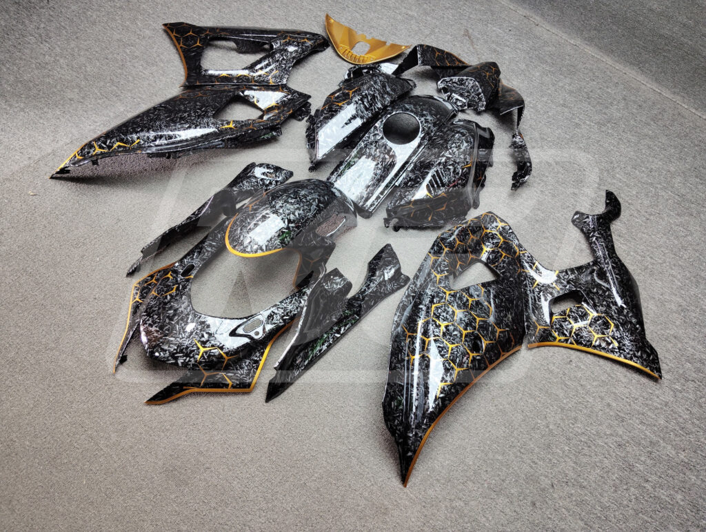 Gloss Forged Carbon Fiber Gold Honeycomb ABS fairings for Yamaha R7 2021 - 2025 - premium OEM fit kit by Monster Fairings