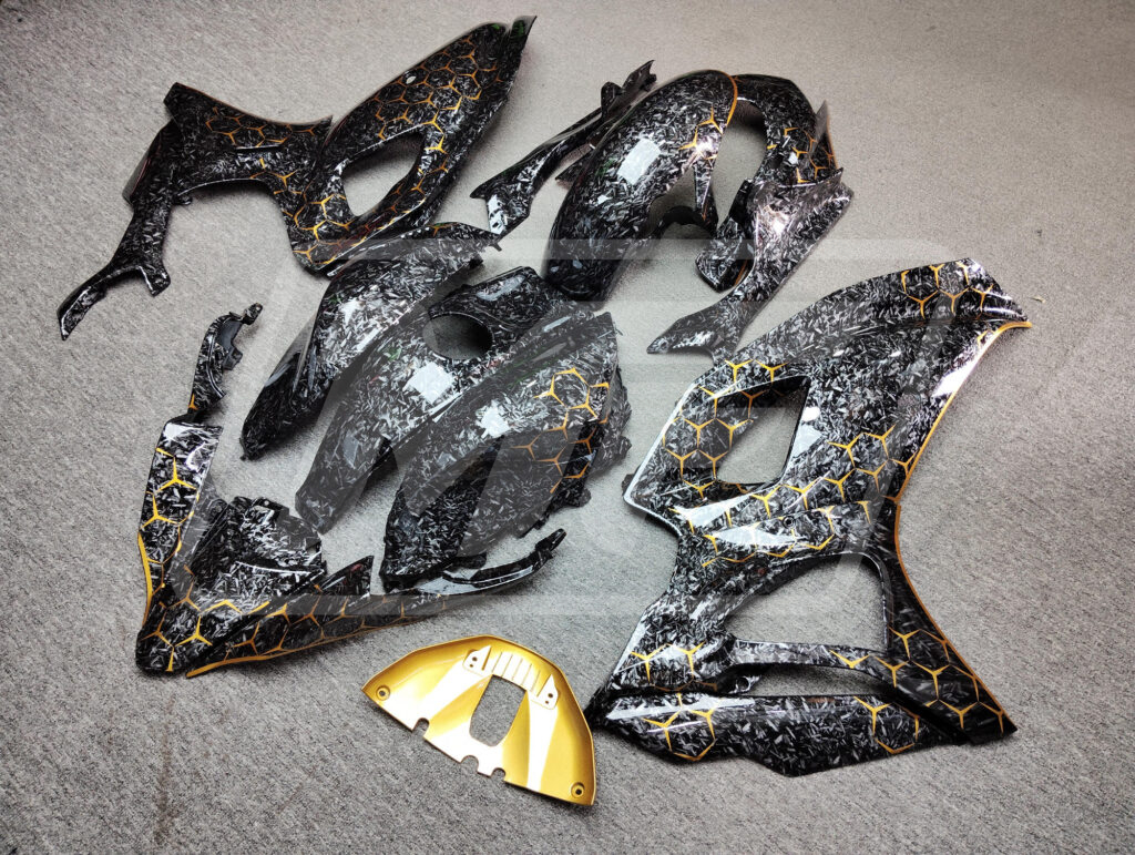 2021 - 2025 Yamaha R7 Gloss Forged Carbon Fiber Gold Honeycomb fairing set - ABS injection, custom painted by Monster Fairings
