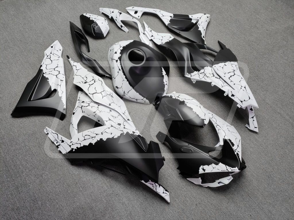 Monster Fairings ABS fairing kit for Kawasaki ZX6R 2024 - 2025 - Matte Black & White Wreckage, precise OEM fit