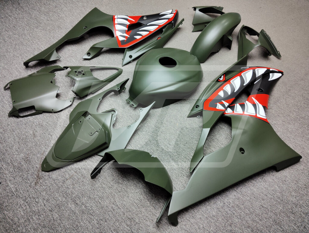 2008 - 2016 Yamaha R6 Matte Green Carbon Fiber Shark fairing set - ABS injection, custom painted by Monster Fairings