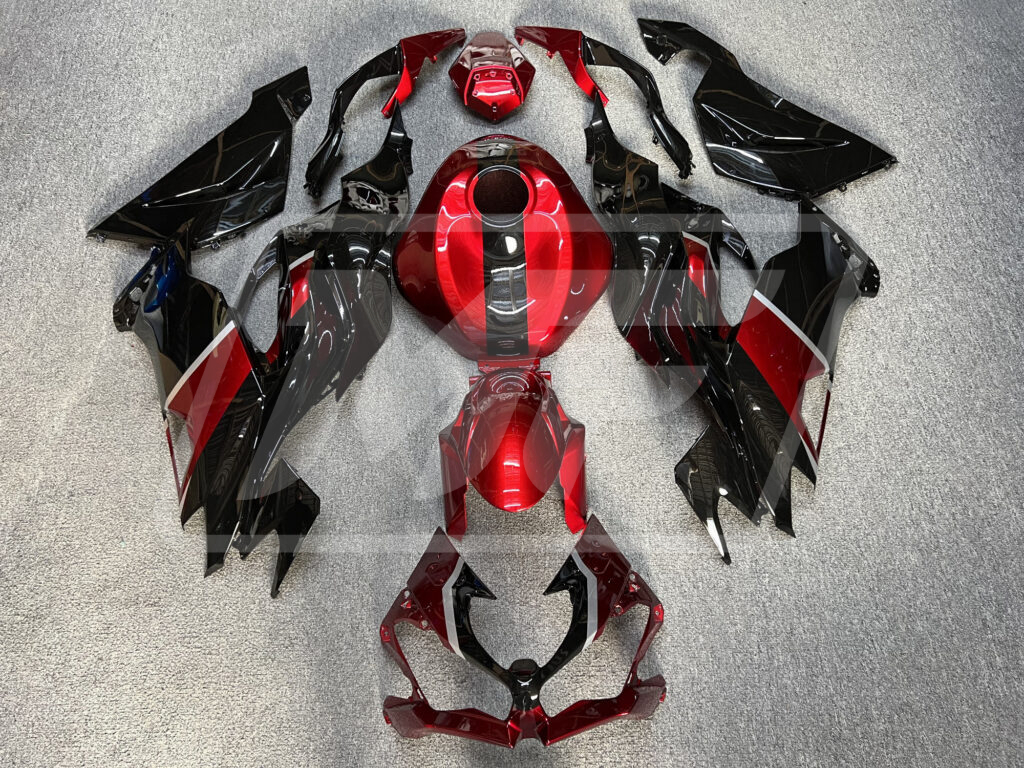 Kawasaki ZX6R 2019 - 2023 Gloss Candy Red & Black Silver ABS fairings - custom motorcycle bodywork kit by Monster Fairings