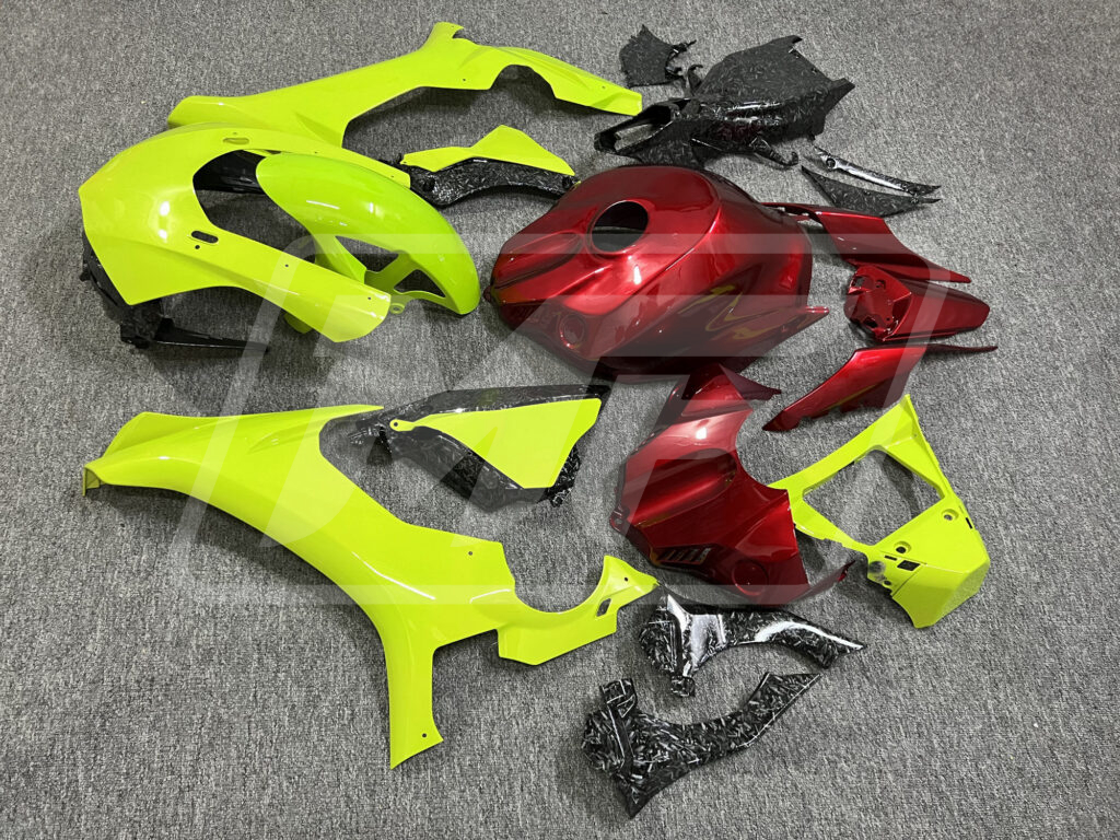 Yamaha R1 custom ABS fairings 2015 - 2019 in Gloss High Vis Yellow & Candy Red Forged Carbon Fiber - durable replacement kit, Monster Fairings