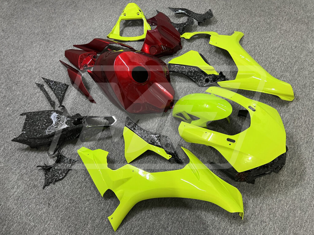 2015 - 2019 Yamaha R1 Gloss High Vis Yellow & Candy Red Forged Carbon Fiber fairing set - ABS injection, custom painted by Monster Fairings
