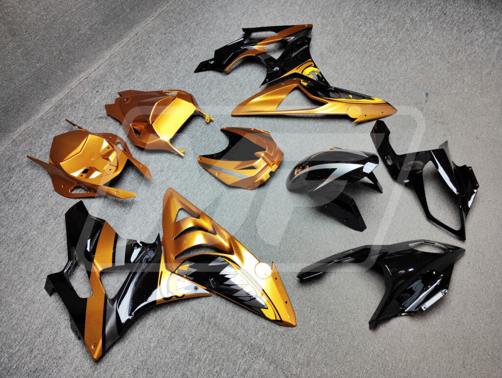 BMW S1000RR custom ABS fairings 2009 - 2014 in Gloss Black & Gold Orange Metallic Shark - durable replacement kit, Monster Fairings