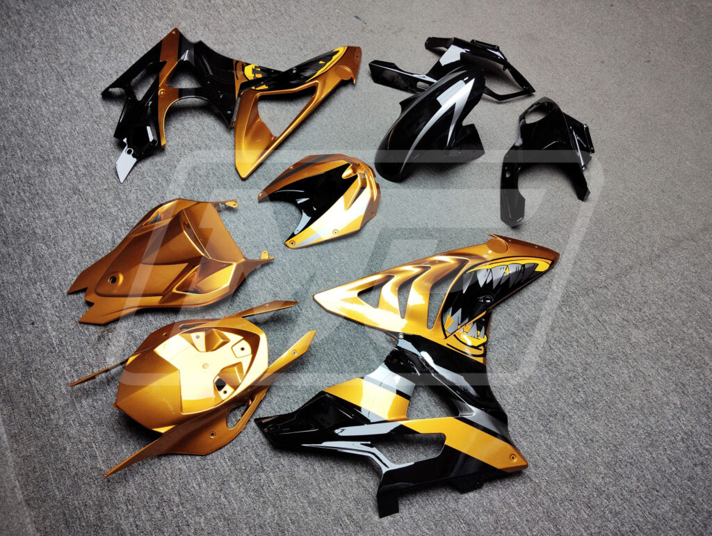 2009 - 2014 BMW S1000RR Gloss Black & Gold Orange Metallic Shark fairing set - ABS injection, custom painted by Monster Fairings