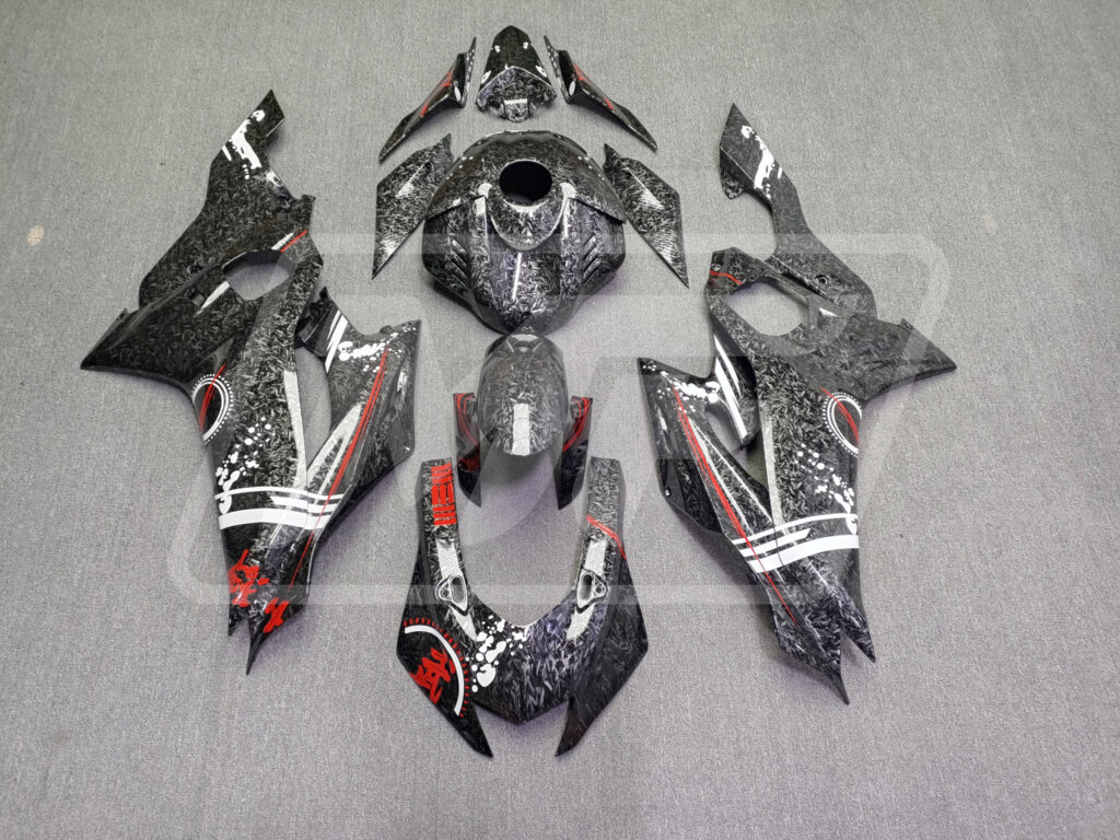 Yamaha R6 2017 - 2022 Gloss Forged Carbon Fiber Red & White ABS fairings - custom motorcycle bodywork kit by Monster Fairings