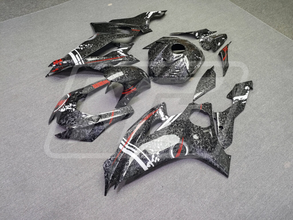 Gloss Forged Carbon Fiber Red & White ABS fairings for Yamaha R6 2017 - 2022 - premium OEM fit kit by Monster Fairings