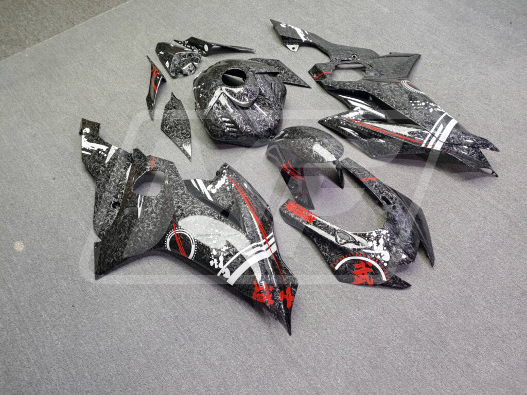 Yamaha R6 custom ABS fairings 2017 - 2022 in Gloss Forged Carbon Fiber Red & White - durable replacement kit, Monster Fairings