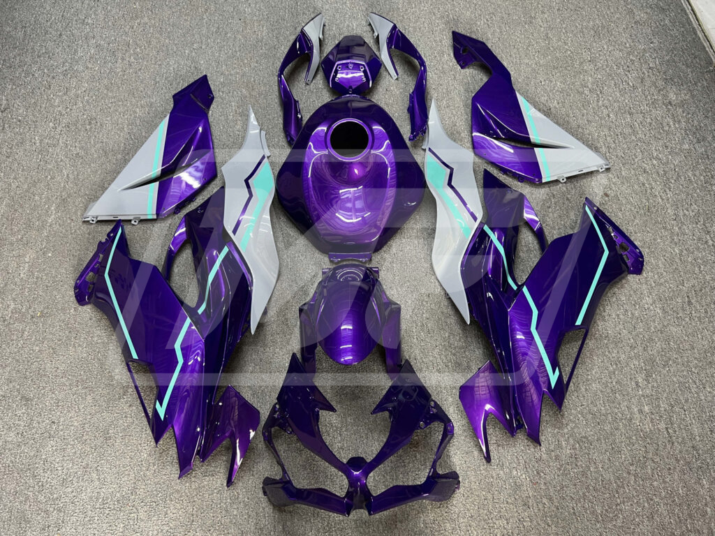 Kawasaki ZX6R 2019 - 2023 Gloss Purple & Gray Coral Blue ABS fairings - custom motorcycle bodywork kit by Monster Fairings