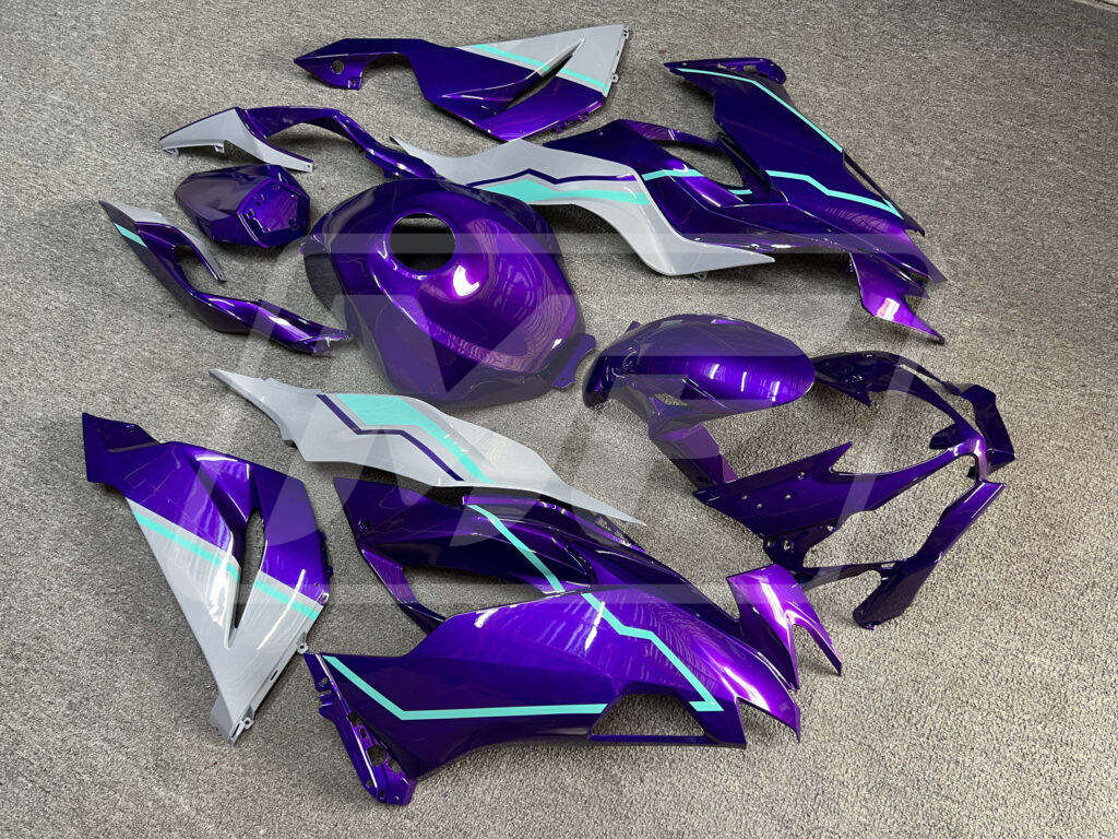 2019 - 2023 Kawasaki ZX6R Gloss Purple & Gray Coral Blue fairing set - ABS injection, custom painted by Monster Fairings
