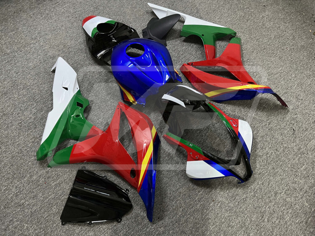 2007 - 2008 Honda CBR600RR Gloss Blue & Red Green White Yellow Line fairing set - ABS injection, custom painted by Monster Fairings