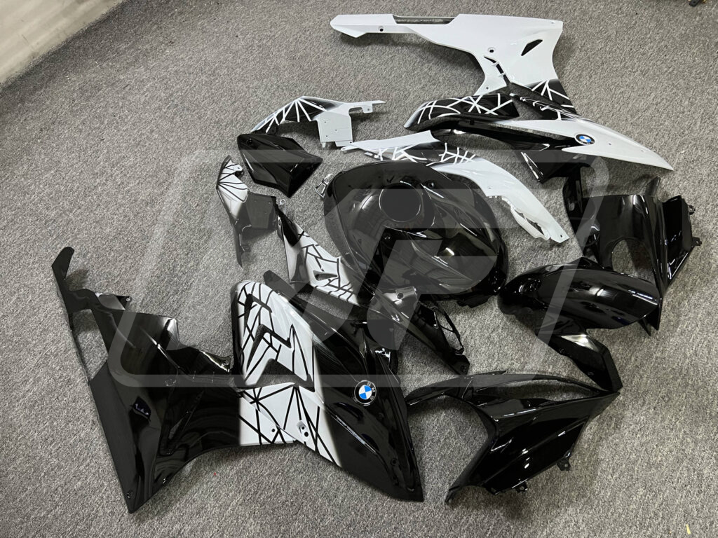 2015 - 2016 BMW S1000RR Gloss Black & White fairing set - ABS injection, custom painted by Monster Fairings
